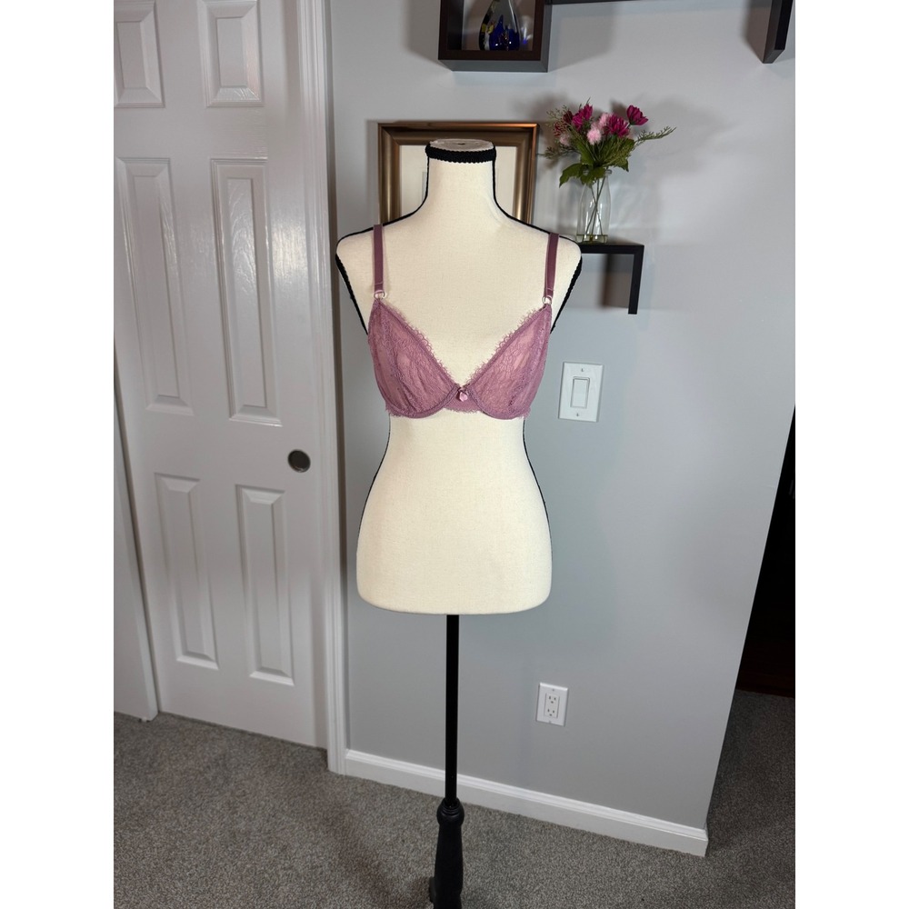 Auden Romantic Feminine 36B Unlined Underwire Lace Mesh Bra Mauve Floral Trim